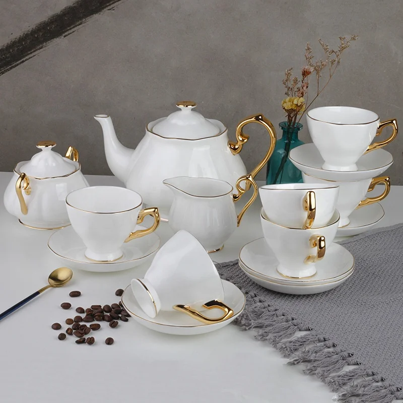 15 pcs Round Ceramic Coffee Serving Set TWO GOLDEN LINES 6 people Tableware Cups