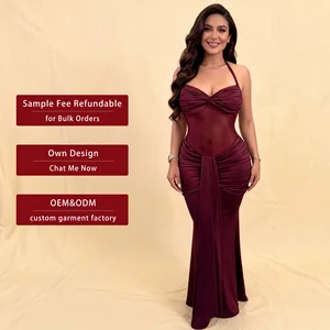 2026 New Hanging Neck Tie Mesh Stitching Streamer Long Skirt Dress European and American Style Dress