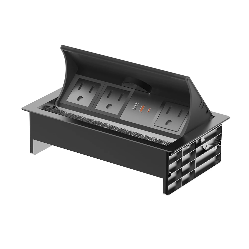 US Built in Conference Table Flip up Cover Brush Type Cable Management Socket Box With Inserted Fast Wireless Charger USB-C