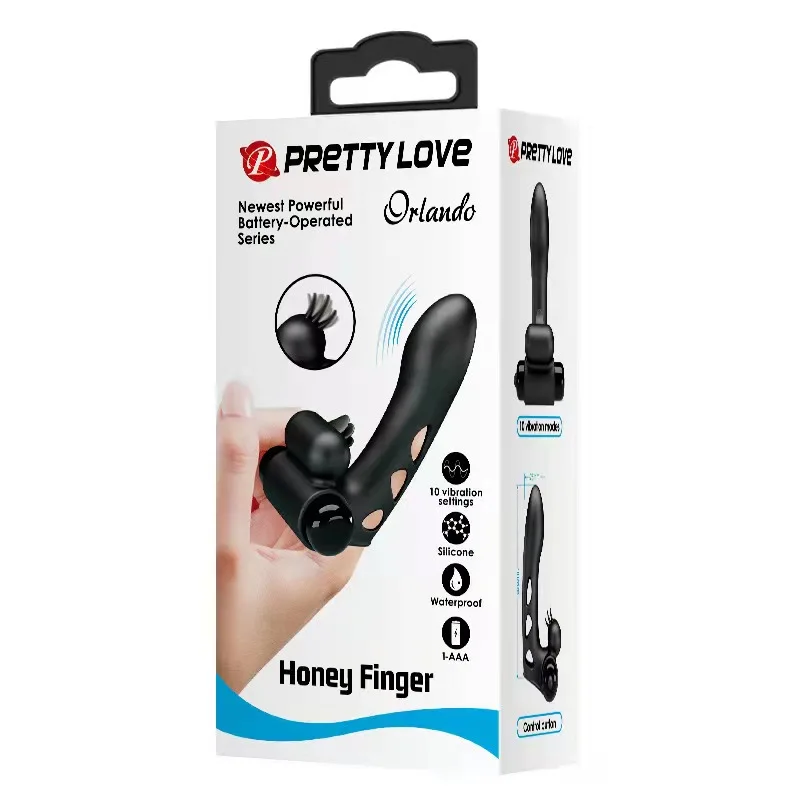 Product packaging and included accessories for finger vibrator