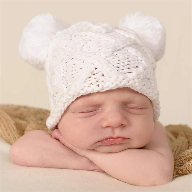 Newborn Baby Photography Hat Baby Knitted Double Ball Hat Baby Warm Bear Wool Hat