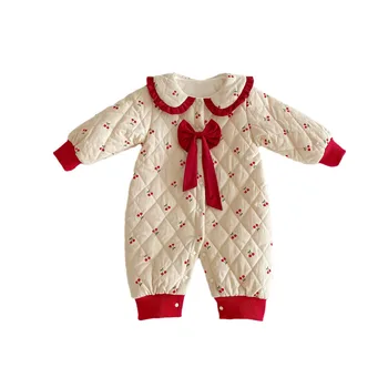 Newborn baby clothes winter soft cotton and fleece onesies baby romper sweet cherry floral princess jumpsuit