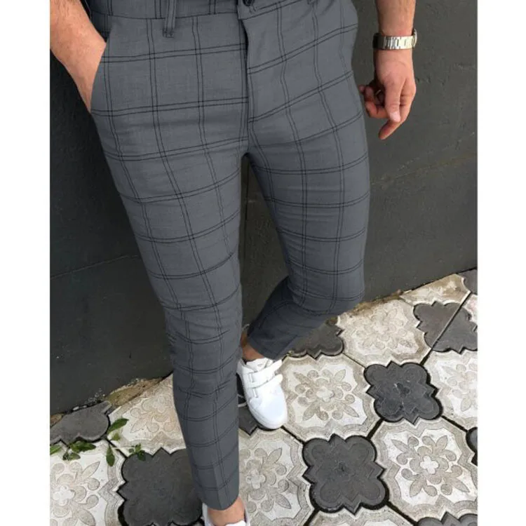 Autumn Fashion Man Pants Casual Business Men Plaid Pants Streetwear Slim Fit Long Trouser For Men's Mid Waist Buttoned Pants