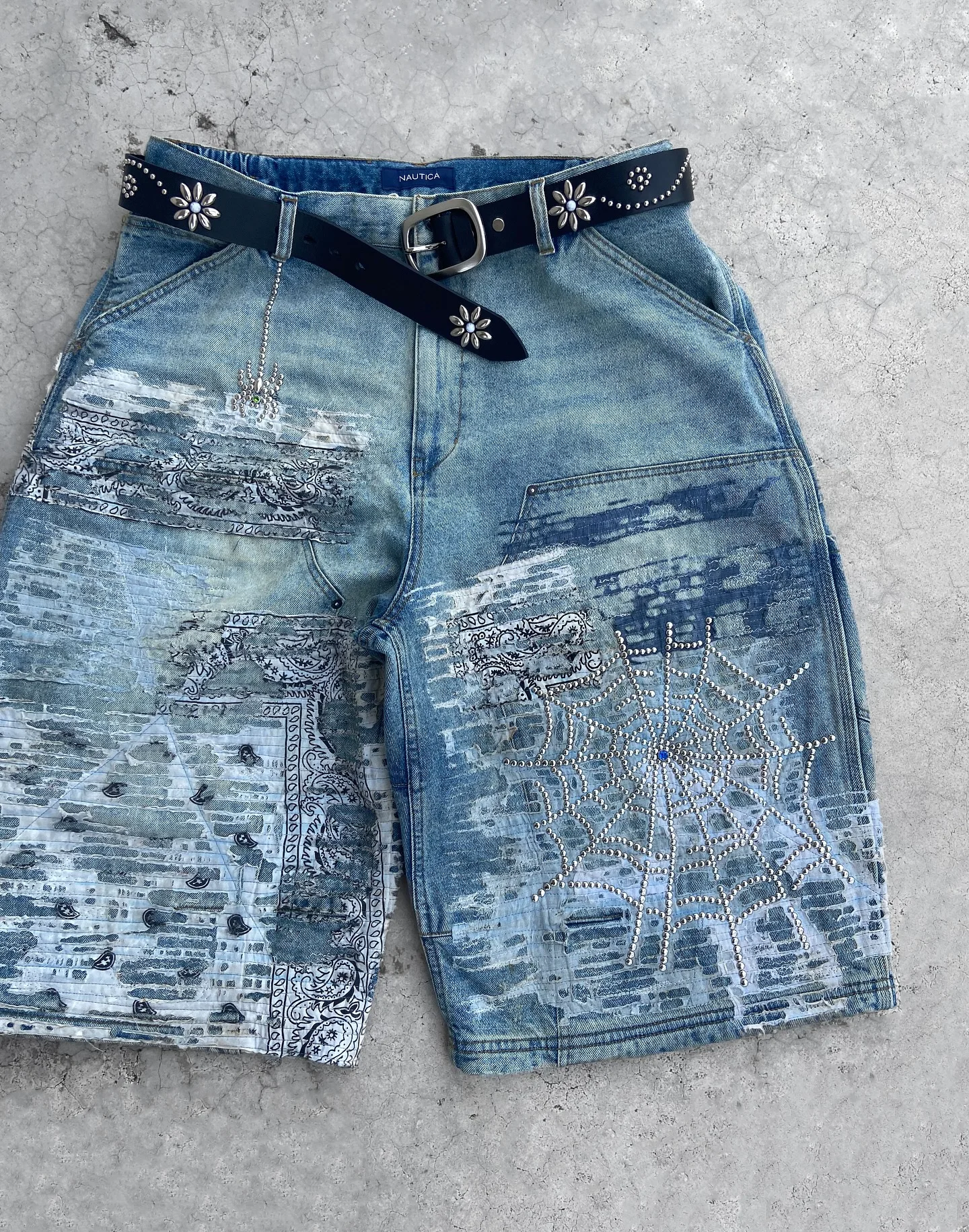 Salati Custom Print Crystal logo Heavyweight Denim Jorts Shorts for Men Distress Baggy Vintage Jeans Double Waist Shorts gallery 7