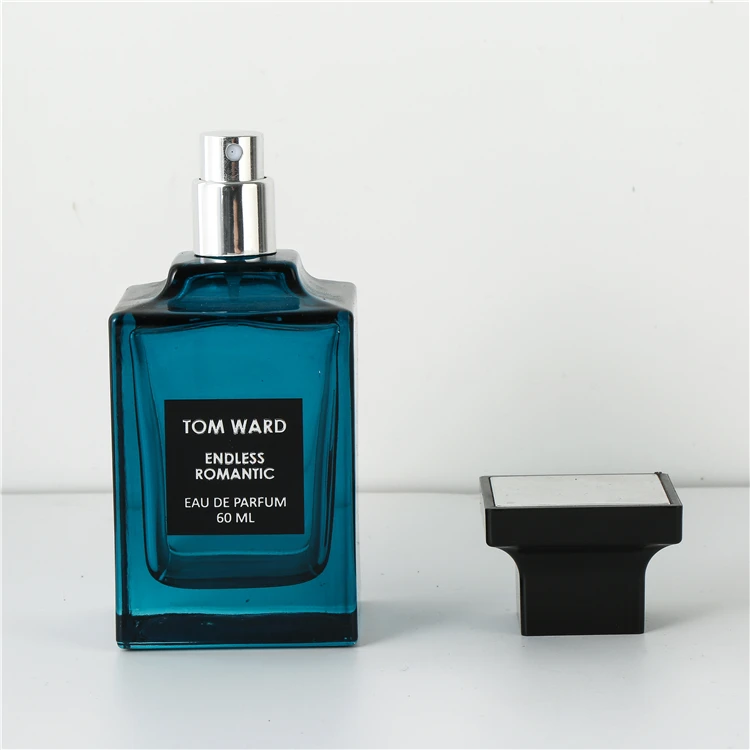 Wholesale luxury empty square glass spray bottle 60ml blue color mens perfume bottle