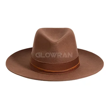 Wholesale Unisex Fashion Style Brown Wool Felt Warped Edges Fedora Hats Cortex Ribbon
