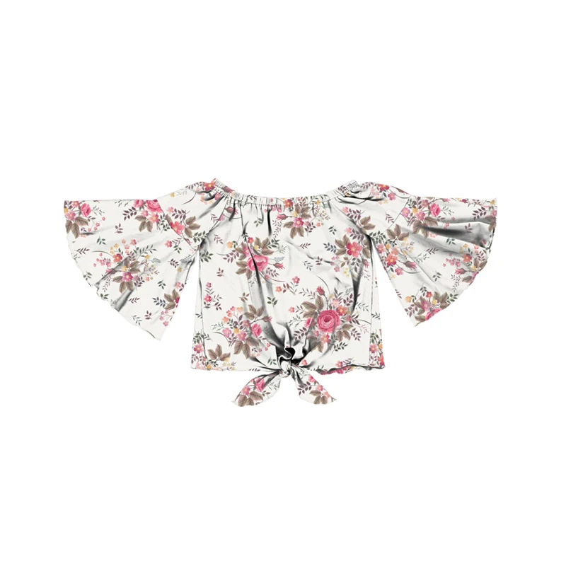 Детские футболки с рукавами-колокольчиками, однотонные футболки с открытыми плечами для маленьких девочек, топы для маленьких девочек с узелком и оборками