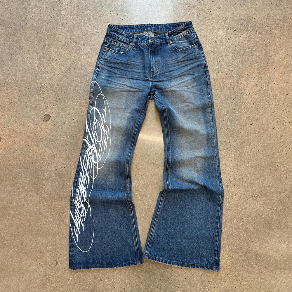 Custom Wide Spread Flare Denim Jeans Vintage Fade Whisker Wash