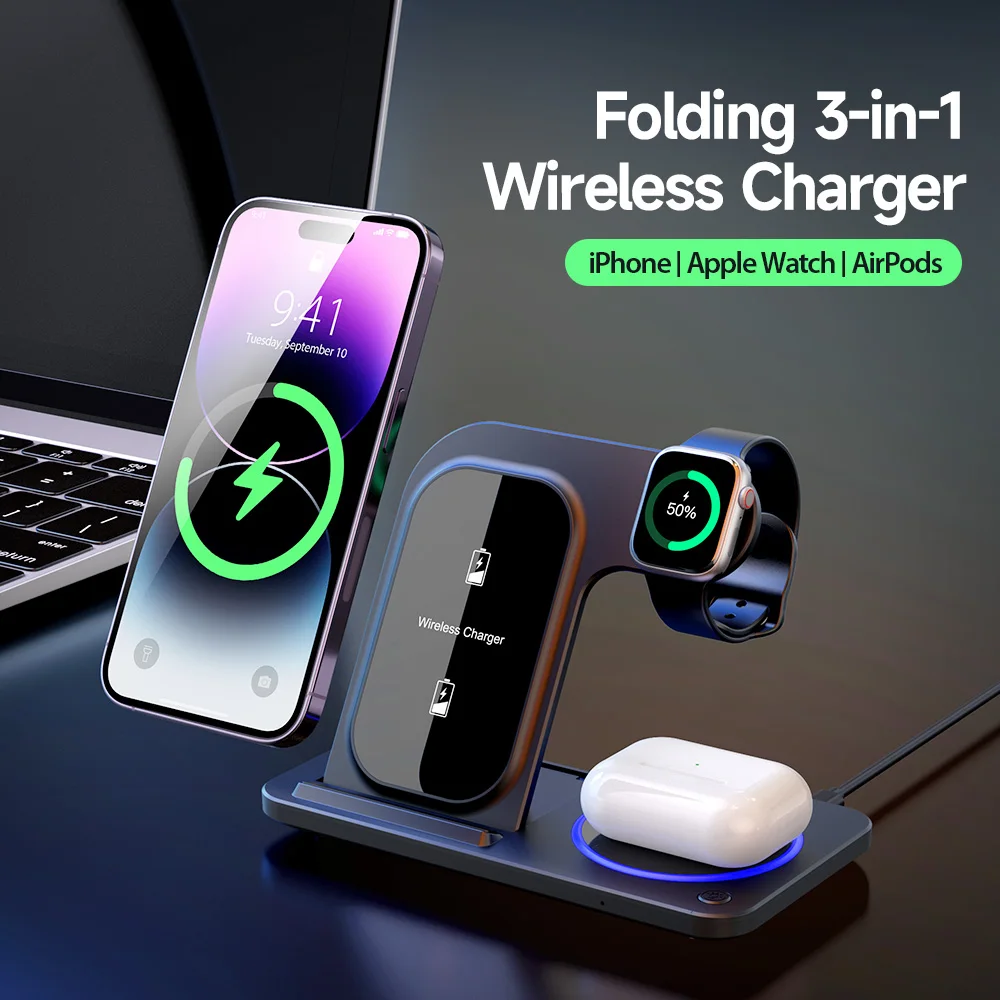 3 In 1 Foldable Multiple Desktop Wireless Charging Station For