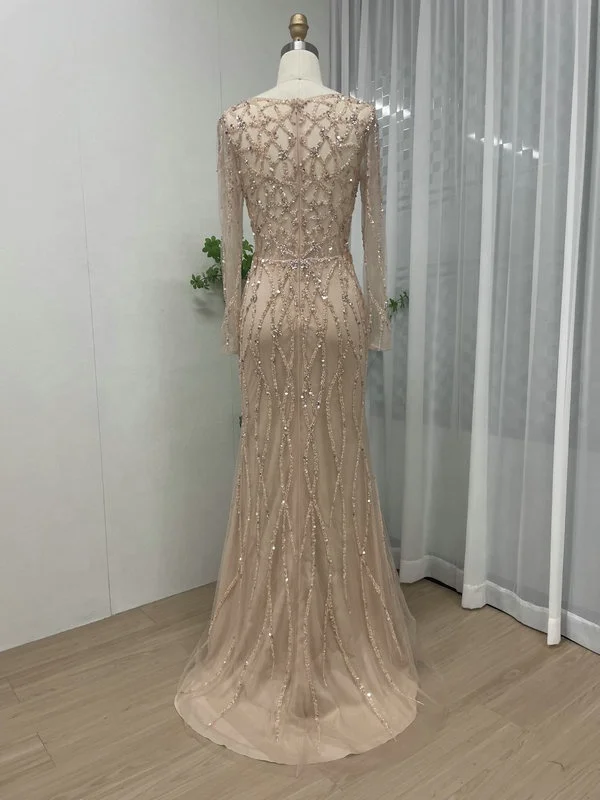 MB40114 V Neck Beaded Embroidery Fishtail Handmade Evening Dresses Sequined  Tulle Muslim Prom Dresses for Ladies Wholesale