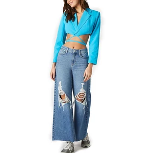 Wholesale Women's Casual Plus Size Loose Ripped Denim Pants Distressed Wide Leg Jeans Flared Legs Stretch Denim Pants