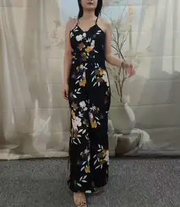 Women's Summer Backless Loose Black Floral Print Maxi Jumpsuit V Neck Sleeveless with Slit Elegant Jumpsuit