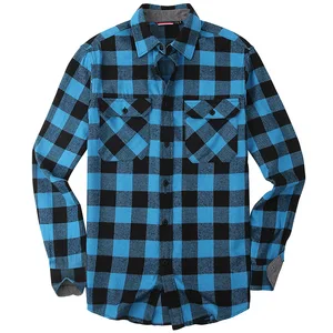 European American Casual Flannel Long Sleeve Shirt for Men Ground Large Plaid Double Pocket Spring Season Anti-Wrinkle Twill