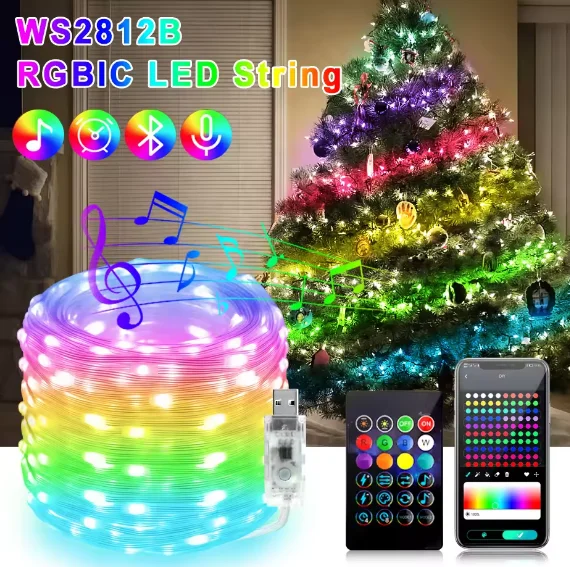 DC5V Christmas Dreamcolor LED String Lights Bluetooth Music WS2812B RGBIC Rainbow Fairy Lights for Room DIY Decoration 1-50M