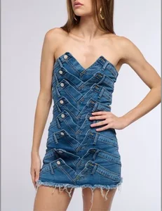 Denim Bodycon Buttons Sleeveless Summer  Strapless Casual Dress Washed Colors Available