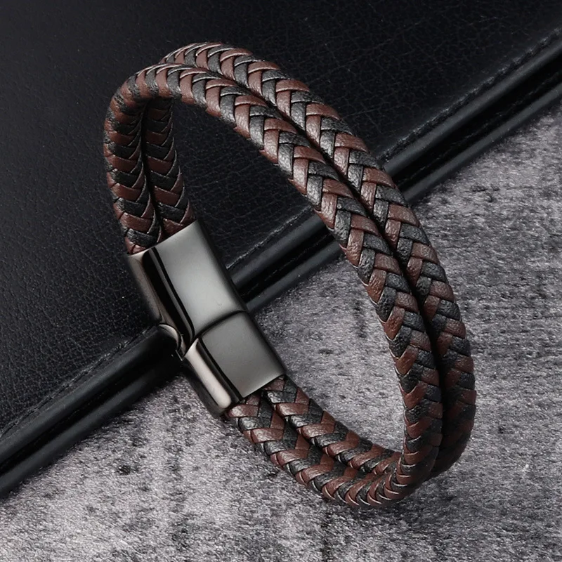 Men Jewelry Black Braided Leather Bracelet Multi-Layer Stainless Steel  Clasp A