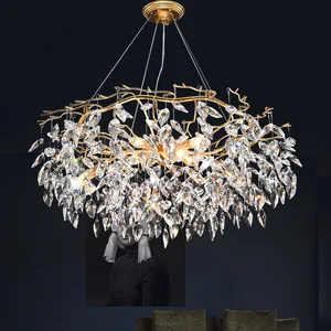 Home Decoration Gold Hanging Lamp Living Room Modern Art Led Raindrop Crystal Leaf Oval Chandelier