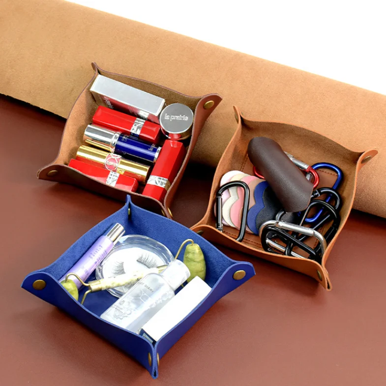 Factory Direct Sales Foldable Sundries Tray Pu Leather Desktop Caddy Portable Snap Button Trays Cosmetics Organizer Box