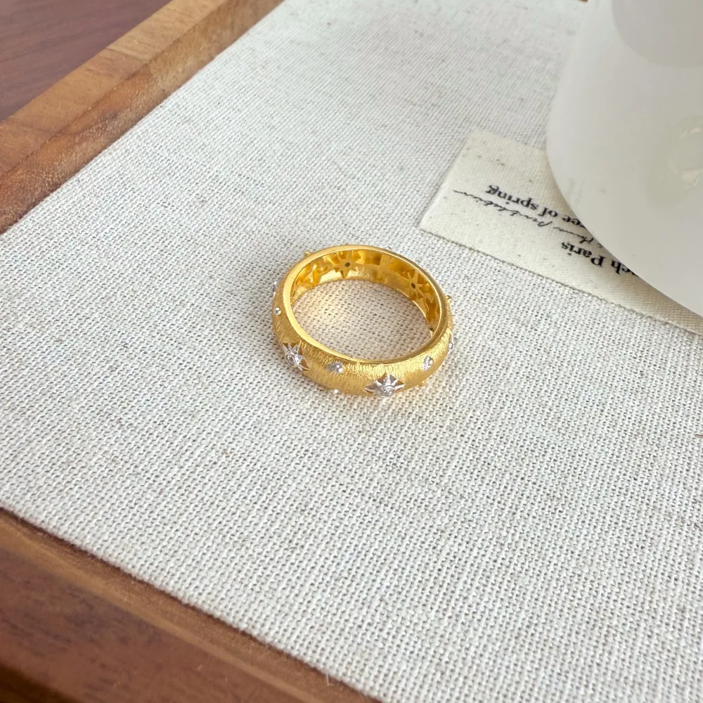 KAKODIY luxury top jewelry 22K gold plated 925 Sterling Silver brushed surface 5A zirconia eight-pointed star eternity band jewelry ring detail 1