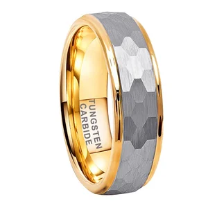 Coolstyle Jewelry Wholesale 6mm Two Tone Gold Plated Hammered Tungsten Ring for Men Women Fashion Engagement Wedding Band