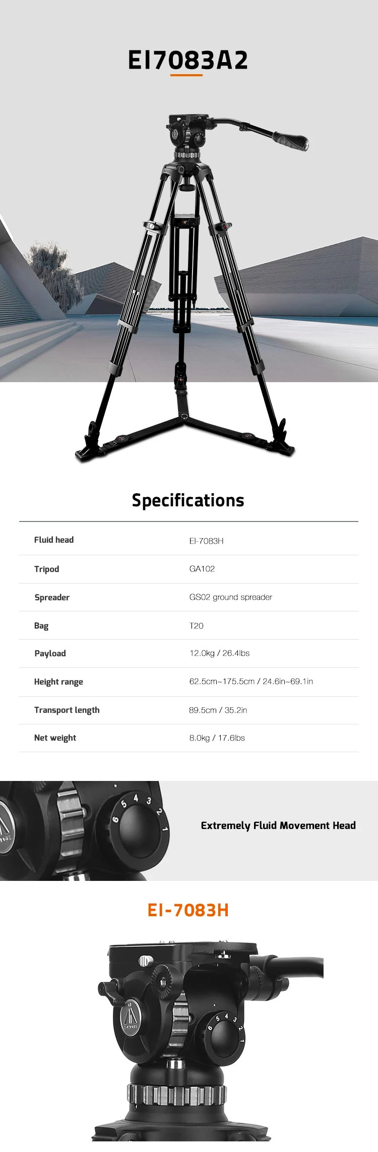 E-IMAGE EI7083A2 EI-7083-A2 Professional Aluminum video Two-Stage tripod with EI