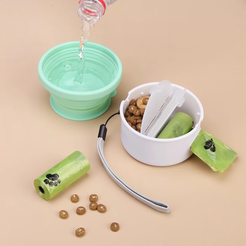 New Design 3 in 1 Poop Bag Holder Dispenser Drinking Cup Walking Bowls Feeder Portable Pet Water Bottle With Food Container