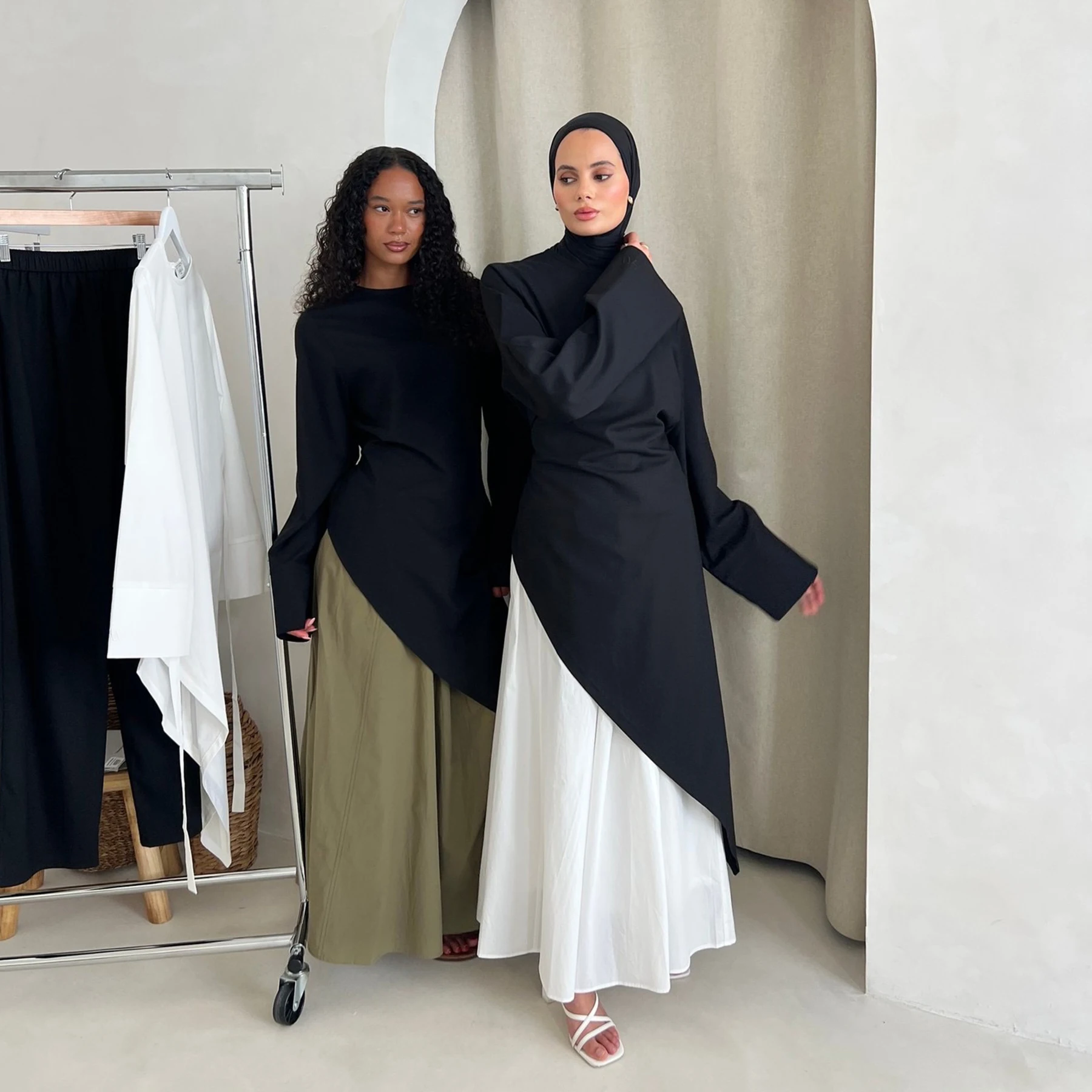 Wholesale Fashion Islamic Clothing Women Muslim Turkey Lady Casual Blouse et Linen Cotton Blend Asymmetric Modest Abaya Kirt 2pc et Islamic Clothing
