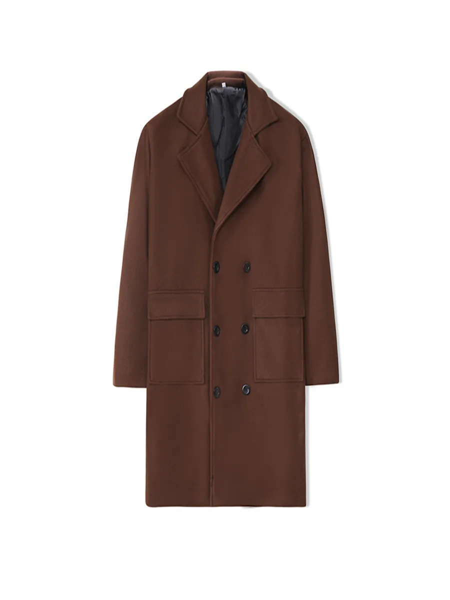2024 new men's double breasted solid color casual long woolen coat men's coat