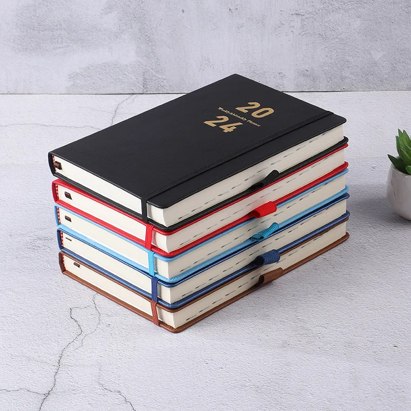 Hot Selling 2024 Agenda Book Planner Hard Cover Pen Holder English Notebook Creative  Diary Book