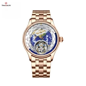 OEM LOGO Original Tourbillon Movement Men's Mechanical Watches Hollow Blue Earth Dial Stainless Steel Casual Luxury Watch