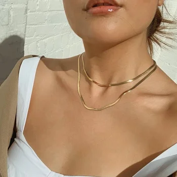 Stainless Steel 18K Gold Filled Flat Snake Chain Jewelry Herringbones Snake Chain Link Choker Necklace