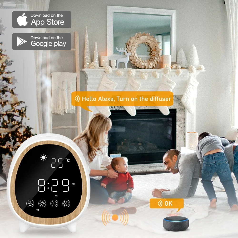 Changlin Smart Alexa Google Weather Diffuser Nature Oil Scent Aromatherapy WIFI Alarm Clock Aroma Humidifier Ultrasonic