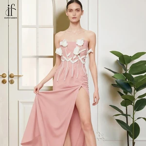 High Sense Celebrity Style Floor-Length Cashmere Pencil Silhouette Strapless Embroidered Flowers Slit Skirt Elegant Niche