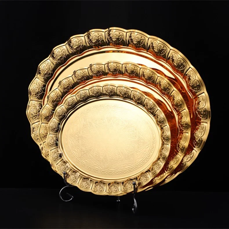 Large Luxury Arabic Round Metal Gold Tray Set Elegant Serving Trays For