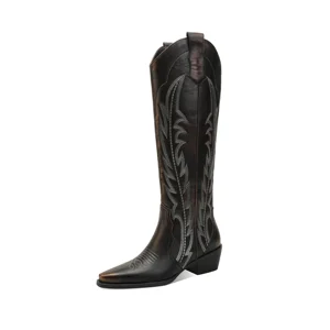 Women's Embroidered Western Ladies Cowboy Knee High Boots  Pointed Toe Low Heel PU Leather Riding Boots for Ladies