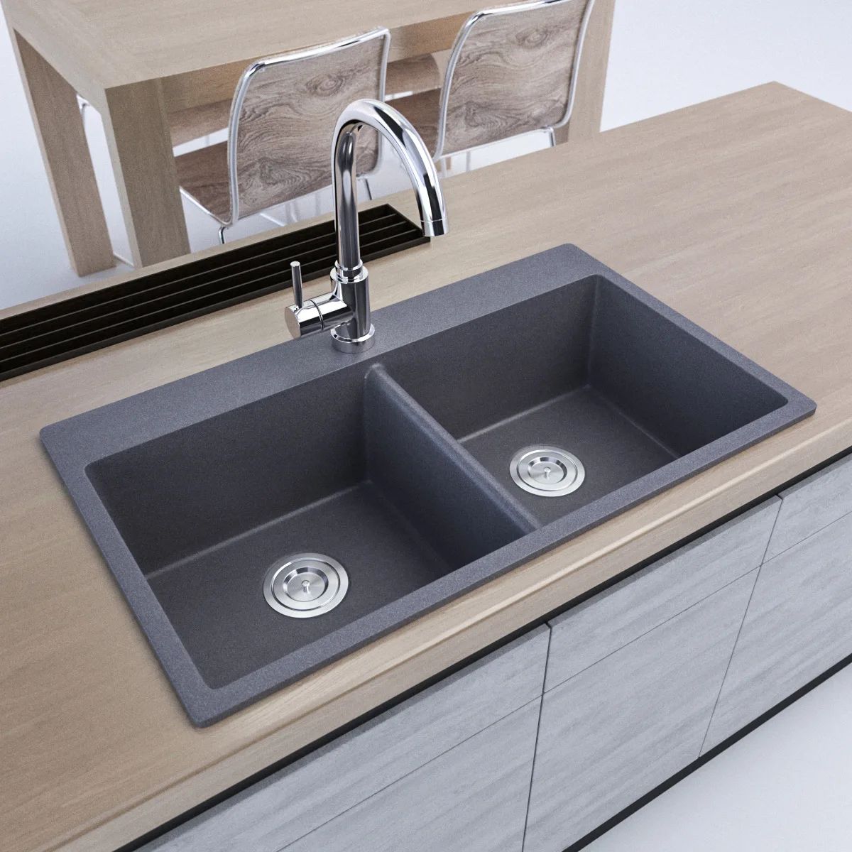 Double Bowl Solid Surface Quartz Composite Granite Modern Matt Black Undermount Farmer  Kitchen Sink
