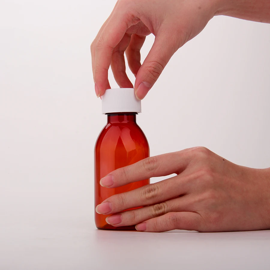 Medical Set PET 120ml Cough Syrup Medicine Bottle With CRC Childproof Screw Cap and Measuring Cup