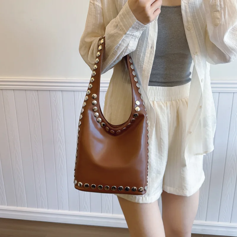 Y2K PU Leather Studded Shoulder Bag - Large Capacity Tote