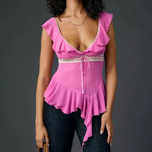 Wisrise Fashion Hot & Stylish OEM Custom High Quality Hot Pink Ruffled Bustier Sleeveless Deep V Lace Trim Sexy Elegant Top