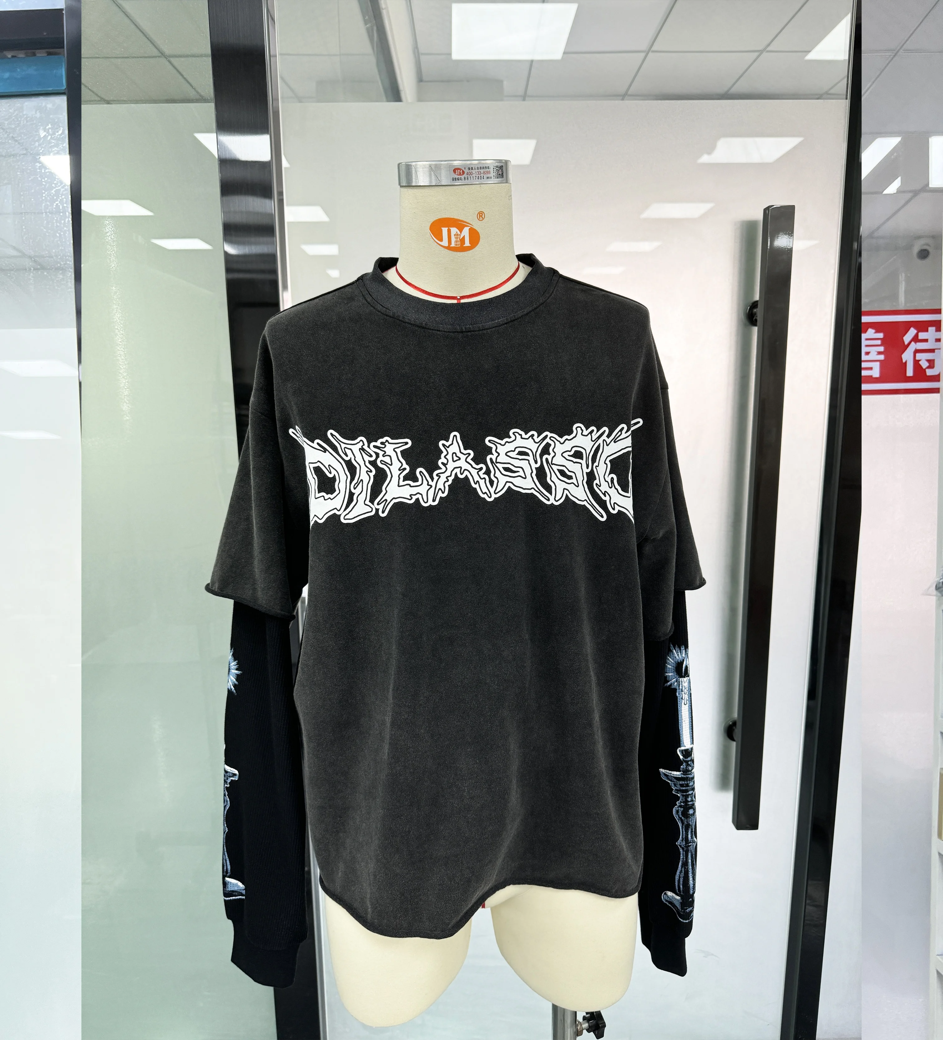 Salati T Shirt Manufacturer Cotton 300GSM Screen Print Raw Hem Stone Acid Wash Thermal Double Layer Long Sleeve T-shirts for Men