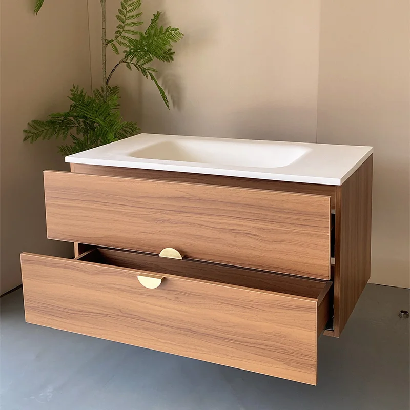 product wall mounted bathroom cabinet combination rock slab ceramic integrated basin bathroom shallow walnut washbasin-9
