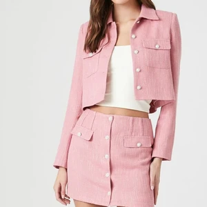 Women Elegant Career Tweed Cropped Jacket & Skirt Set With Faux Pearl Button-front Closures