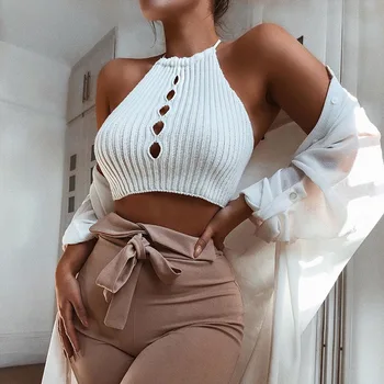 European American BM-Style Women's Ice Silk Knitted Camisole Open Back Thin Straps Solid Color Versatile Outerwear Sexy Inner
