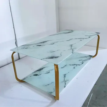 Rectangular Glass Coffee Table 60/80/120cm Double-Layer Simple Small Table Slate Marble Pattern for Small Apartment Sofa Side