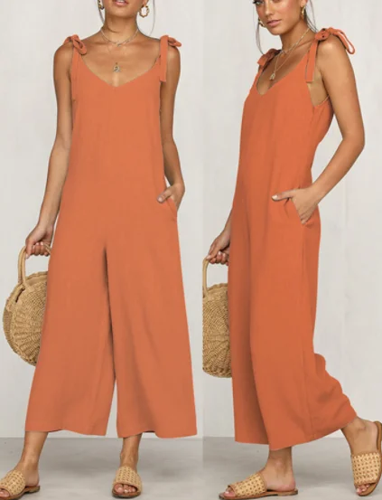 Tied Shoulder Strap V Neck Deep V Backless Sexy Summer Jumpsuit Long Pants Loose Casual Korean Fashion Clothes Women Jumpsuits