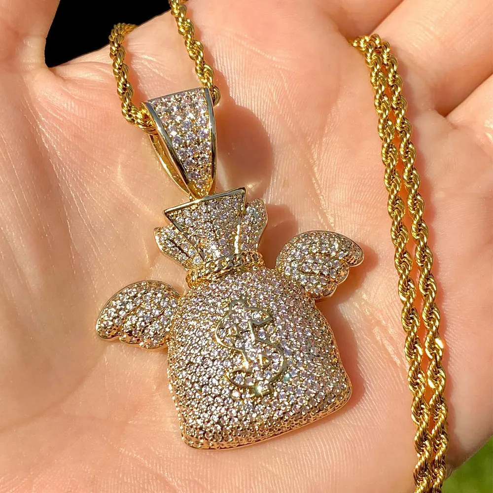 bling bling rapper jewelry full iced out brass wings hiphop gold money bag men pendant necklace