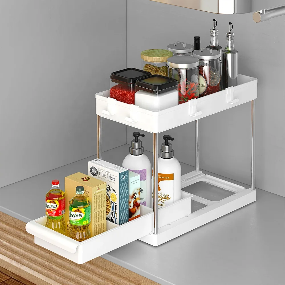 2 Tier Carbon Steel Spice Kitchen Rack Pull Out Sliding Shelf Under Sink Organizer for Kitchen Cabinet Storage Drawer