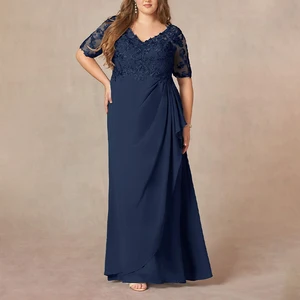 ZYHT 73986 Short Sleeve Solid Dark Blue Lace V Neck Mother's Mon Wedding Party Cocktail Evening Factory Produce
