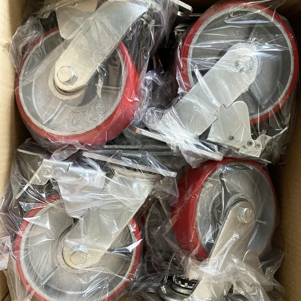 Heavy Duty High Load Capacity Durable Low Noise Polyurethane Casters 5 6 8 Inch Red PU Caster Wheels Industrial