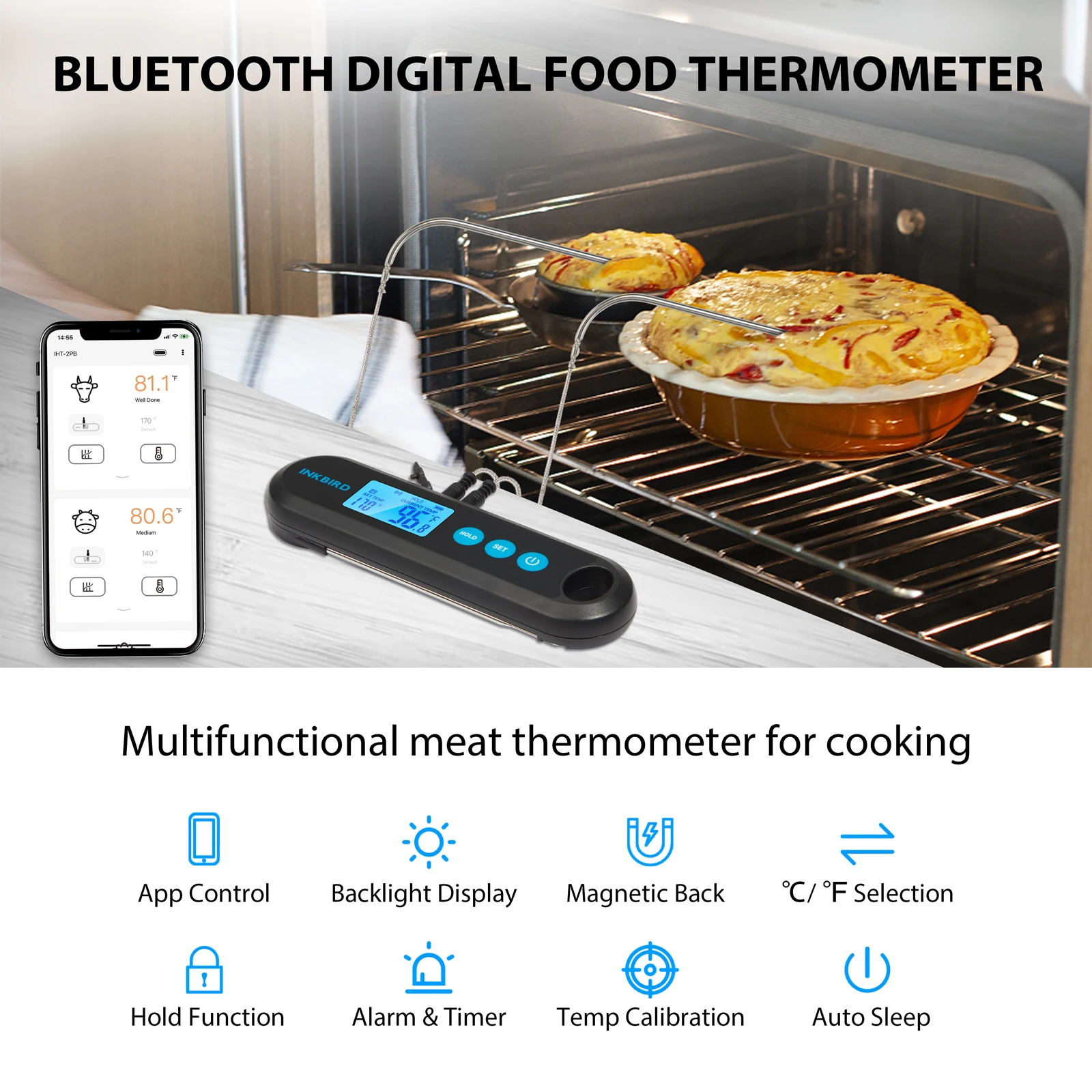 Inkbird Instant Read Meat Thermometer IHT-1P, Digital Waterproof  Rechargeable Food Thermometer with Calibration, Magnet, Backlig